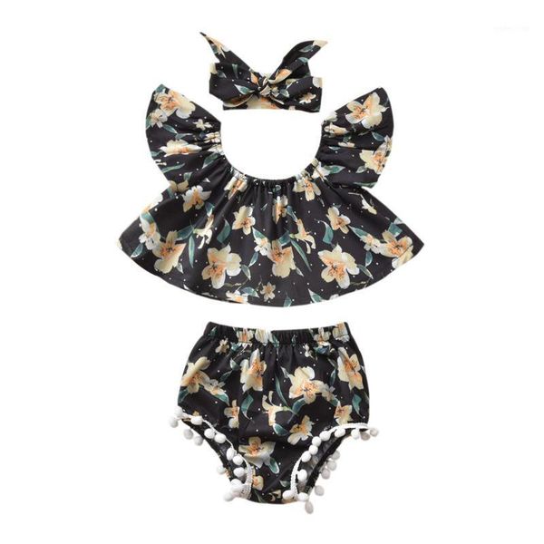 

new toddler kids baby girls floral printed outfits off shoulder + shorts pants + bow headband clothes set1, White