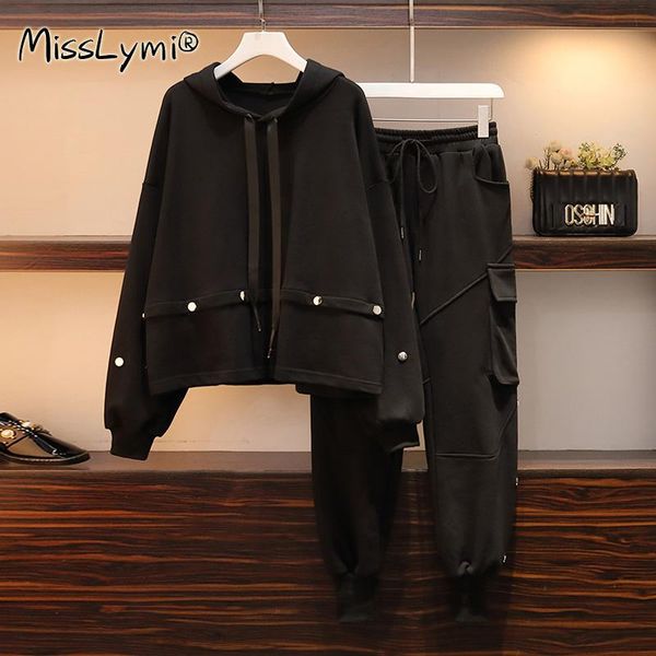 

l-4xl plus size hoodies tracksuit women autumn 2020 long sleeve hooded rivet sweatshirts and loose cargo pants two piece set, Gray