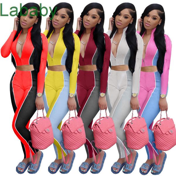 

women tracksuits two pieces set slim contrast stitching zipper long sleeve pants ladies sportwear outfits clothing jogging suits 2021, White