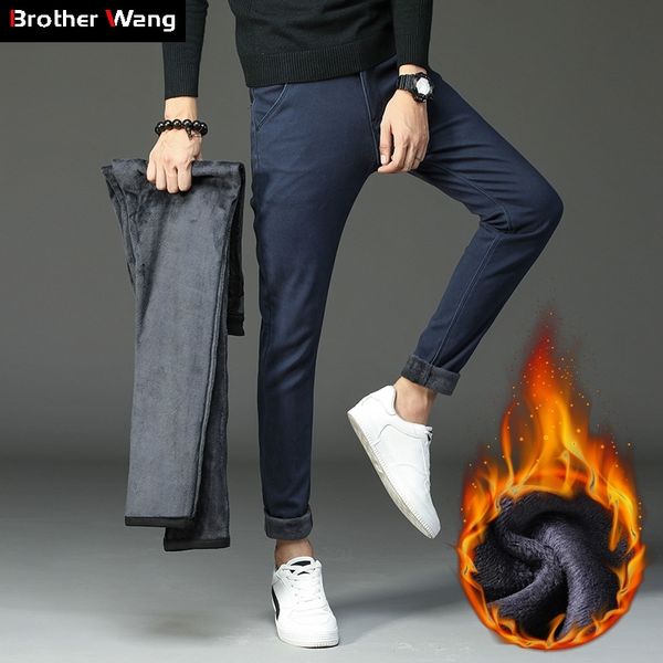 

winter new men's warm casual pants business fashion slim fit stretch thicken trousers male brand khaki navy gray pants 210201, Black