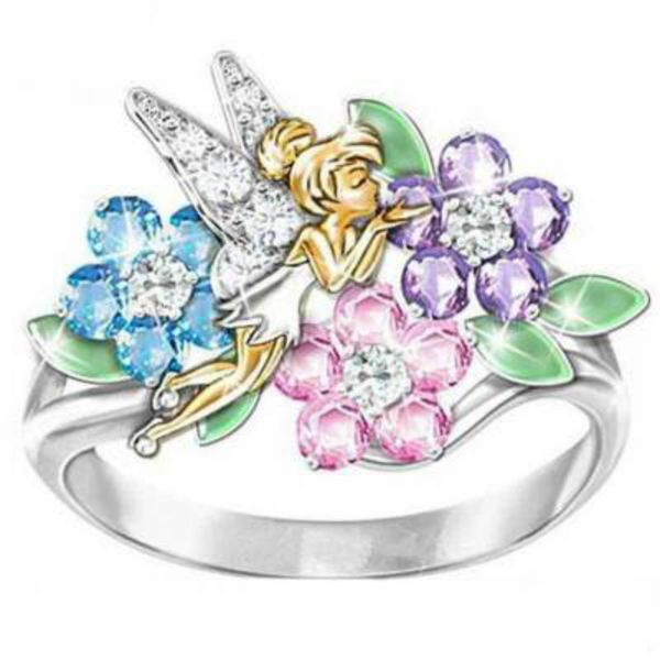 

februaryfrost brand romantic fairy shaped jewelry women ring with colorful cubic zircon stone luxury flower new year's birthday gift fo, Silver