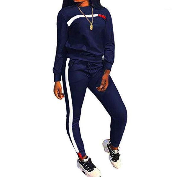

loozykit women sports outfit round neck stripe long trousers sweatsuits women fitness running exercise tracksuit wear1, Black;blue
