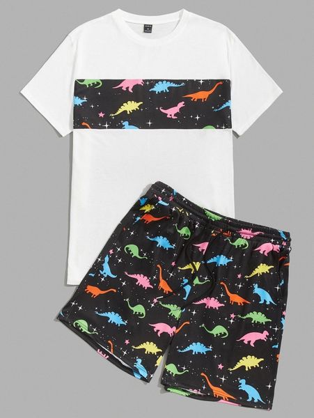 

men colorful dinosaur print tee & drawstring shorts set i0sv#, Gray