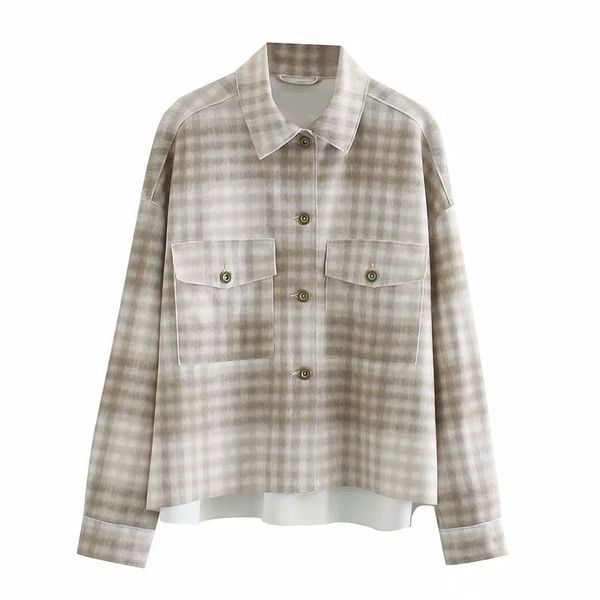 

2021 new plaid overshirt women long sleeves faux suede vintage jacket fashion lapel collar asymmetric hem button-up outerwear 8561, Black;brown