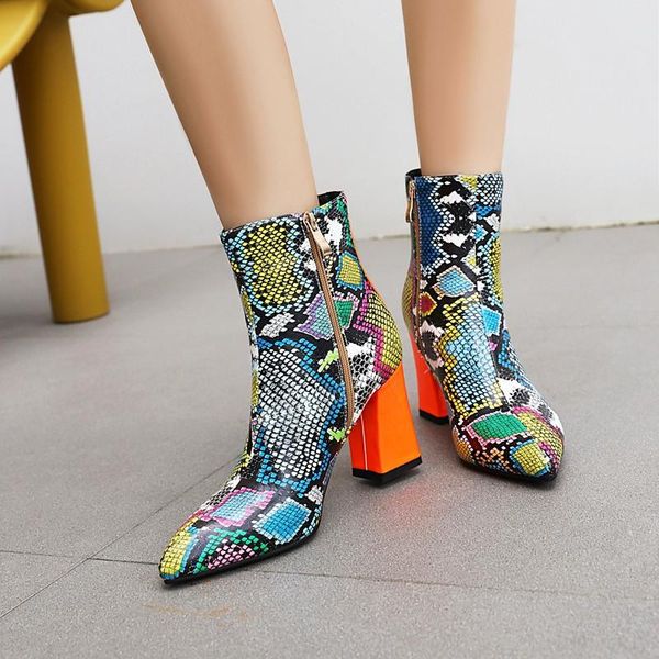 

ymechic multicolor snake print fashion high heel boots ladies party shoes pointed toe winter ankle boots for women booties, Black