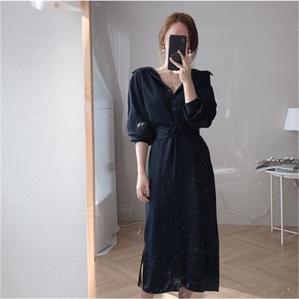 

2021 new korean style product popular casual lapel double-breasted type shirt shirt-type female matching color belt cn8g, Black;gray