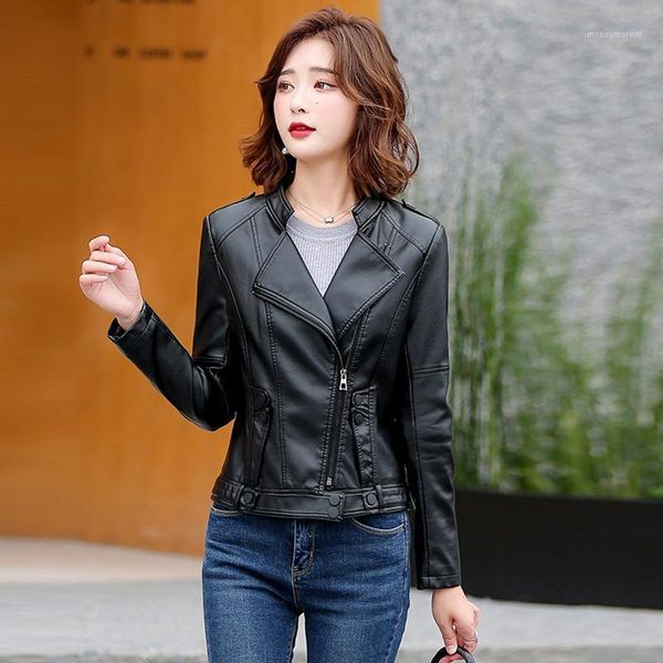 

women's leather & faux women's jacket korean style autumn winter plus cotton turn down collar short ladies coats zipper button fem, Black