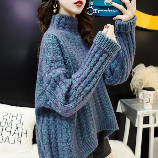 

autumn and winter new high collar knitted t-shirt lazy wind sweater coat net red wool long sleeve loose women