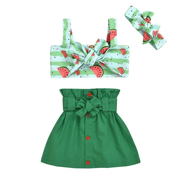 

2020 summer toddler baby girls clothes sets watermelon print bow sleeveless vest +a-line skirts 1021, White