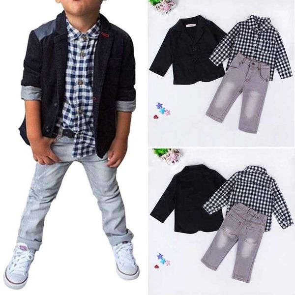 

3pcs/set summer baby boys dress suits clothes gentleman boys children shirts pants kids suit jacket + plaid shirt + jeans a26, White
