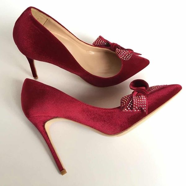

2020 new wine red velvet ol wild ladies single pumps elegant diamond butterfly-knot slip-on ponited toe wedding shoes lj201112, Black