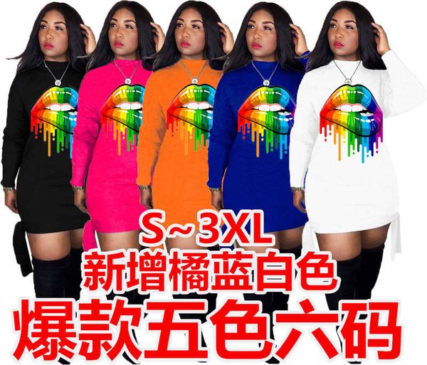 

lm8082 women's digital print colorful lip bandage long sleeve dress, Black;gray