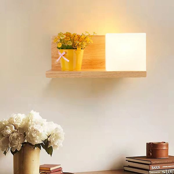 Lampade da parete moderne per arredamento corridoio E27 Apparecchio quadrato semplice in legno massello con lampada da comodino con paralume in vetro