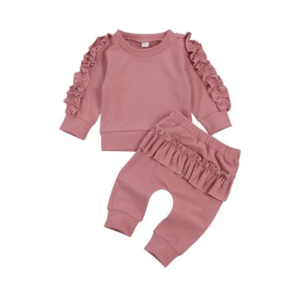 

clothing sets born baby 0-24m cotton boys girls ruffles decor sweatshirt+pants solid long sleeve infant fall clothes, White