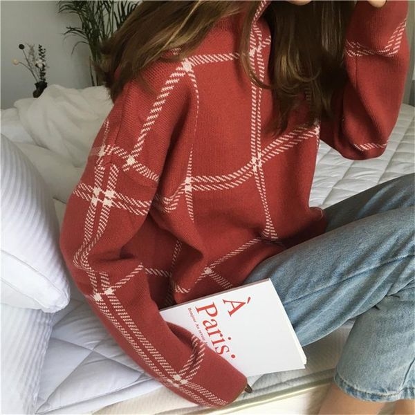 

women's sweaters autumn winter plaid women sweater half-turtleneck warm minimalist knitting pullovers female elegant ladies knitted ju, White;black