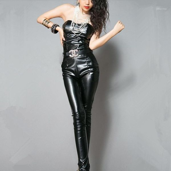 

2020 new fashion elegant tube black pu leather jumpsuit women summer sleeveless rompers skinny jump suit1, Black;white