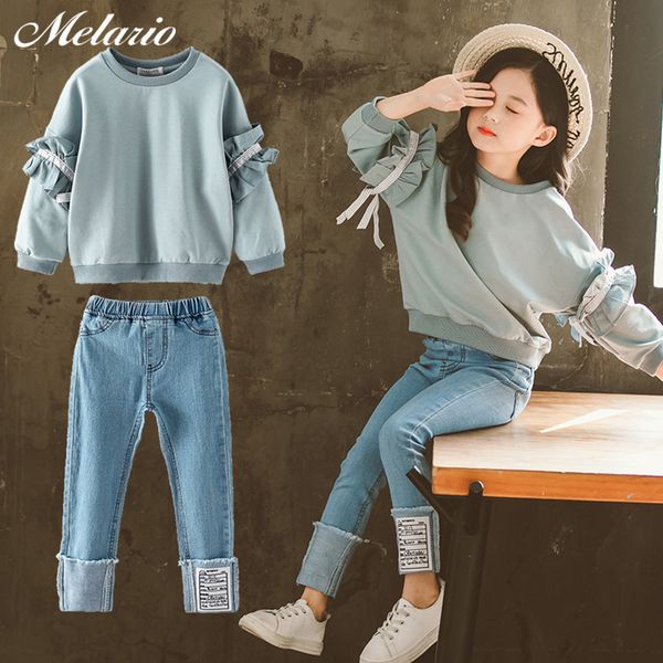 

melario new girls boutique outfits teen girls clothes children's clothing suits demin pants suit 2pcs teenager clothing sets lj200916, White
