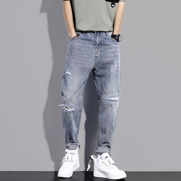 

japanese style fashion men jeans retro blue wide leg harem trousers streetwear vintage designer straight long pants