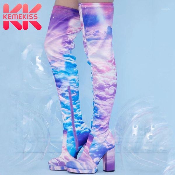 

boots kemekiss size 35-43 women over knee fashion platform print high heel winter shoes woman warm stretch boot daily footwear1, Black