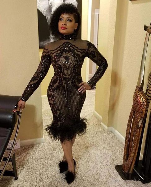 

sparkly long sleeve mermaid high neck illusion black sequin feather african black girl women short prom dresses 2021