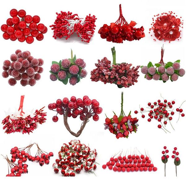 

red gold mixed hybrid flower cherry stamens berries bundle diy cake christmas wedding gift box wreaths craft de wmtgib
