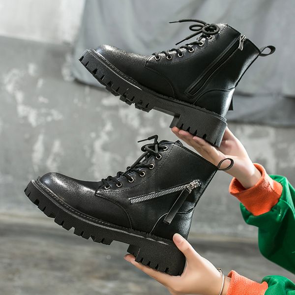 

women's boots autumn fashion womens shoes 2020 clogs platform round toe flat heel boots-women zipper booties ladies punk lolita, Black