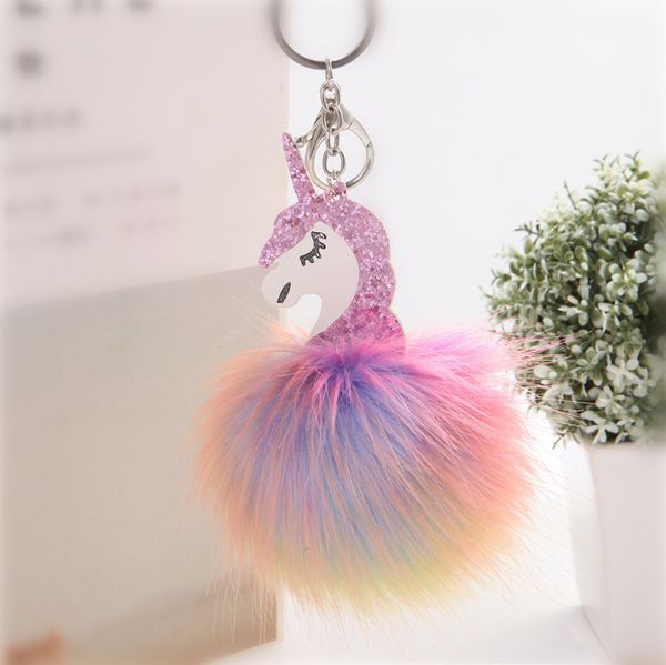 

creative cute plush leather rainbow unicorn keychain faux rabbit fur pom pom key chain auto key holder keyring bag pendant gift