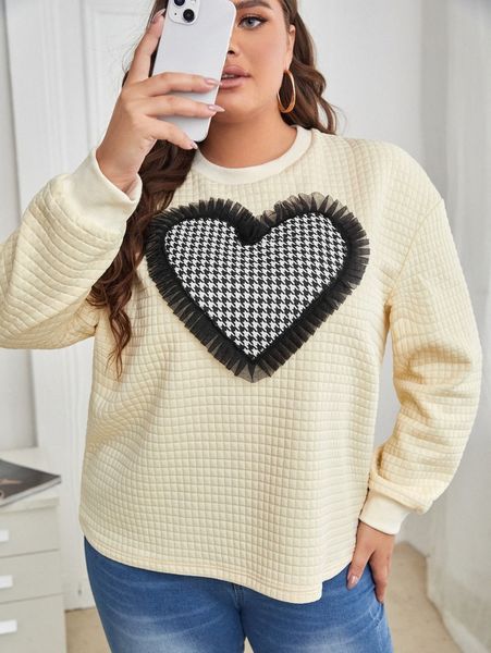 

plus waffle knit houndstooth heart patched sweatshirt h2bb#, Black