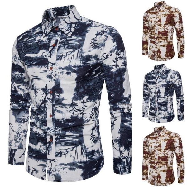 

brown men shirt retro printed pattern vintage streetwear slim long sleeves cotton polyester mens shirts blouse camisas hombre1, White;black