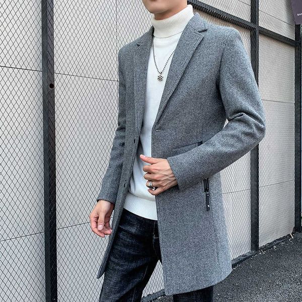 

autumn and winter 2019 new men's medium length windbreaker korean slim fit solid color casual tweed overcoat for men, Tan;black