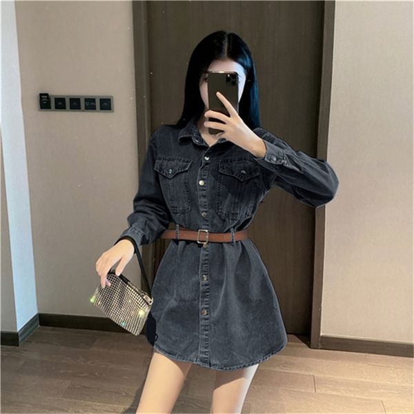 

2021 new retro age-reducing long-sleeved denim shirt new korean style temperament waist slimming dress women ttkz, Black;gray