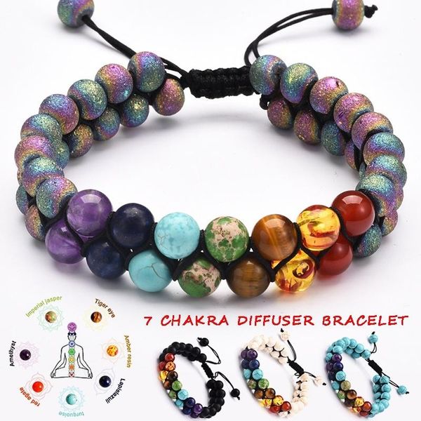 

7 chakra beads lava rock bracelet 8mm double layer row adjustable yoga stone energy healing stone bracelets xmas gift, Black