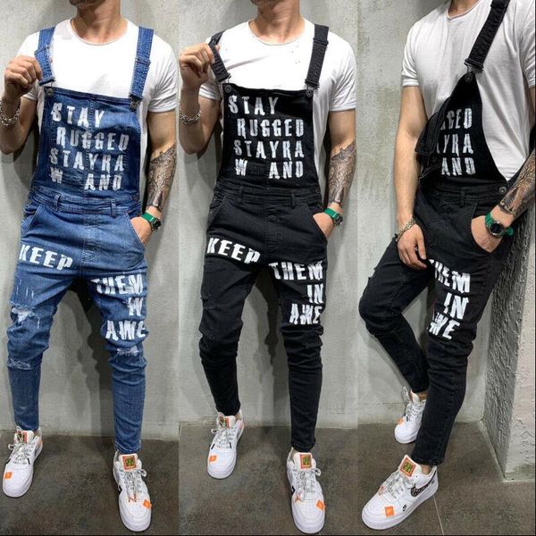 

2019 fashion men jeans fashion denim pencil pants ripped bib jumpsuit suspender overalls, Black
