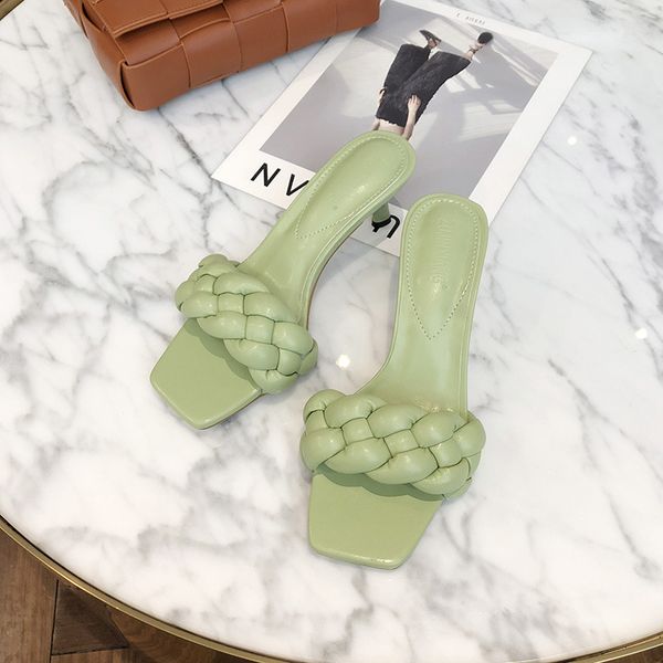 

2021 new elegant young fine heeled fabric a-line square heels head high-heeled wind slipper rn7j, Black