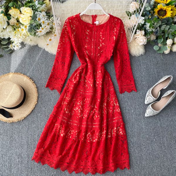 

women's autumn winter fashion solid color o-neck long sleeve high waist slim lace medium long a-line dress, Gray