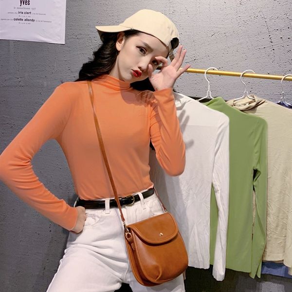 

2020 чистый красный высокий воротник нижнего рубашки silktop молоко silk top выглядит тонким и versatileslim и длинным рукавом футболка для, White