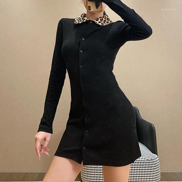

casual dresses goth black cardigan lady dress women autumn slim long sleeve turn-down collar patchwork rib knitted a-line dress1, Black;gray