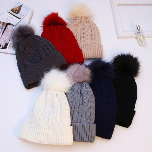 

beanie/skull caps women winter knitted beanie hat faux fuzzy fur pom pompom hats knit skull cap slouchy chunky soft thick warm outdoor beani, Blue;gray