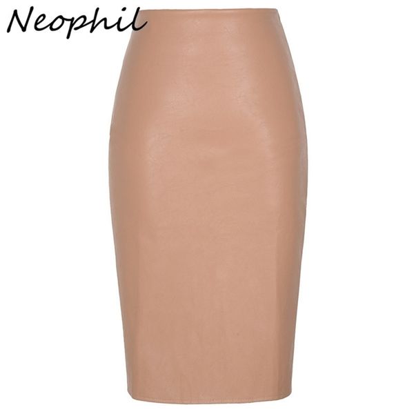 

neophil 2020 faux fur leather pu midi women pencil skirts high waist black ladies office wrap stretch jupe femme saia lj200820