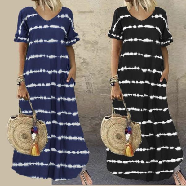 

summer irregular stripe plus size maxi dress for fashion women dresses 2020 pocket long tie dye print dress 5xl women robe, Black;gray