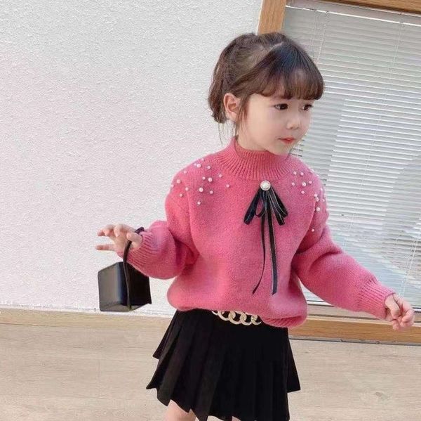 

autumn bow pearl girls' pullover 4-color and winter sweater hangzhou sijiqing children's clothing qianduoduo kntj, Blue