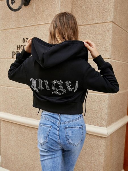 

rhinestone letter pattern drawstring zip up crop thermal hoodie h5ya#, White;black