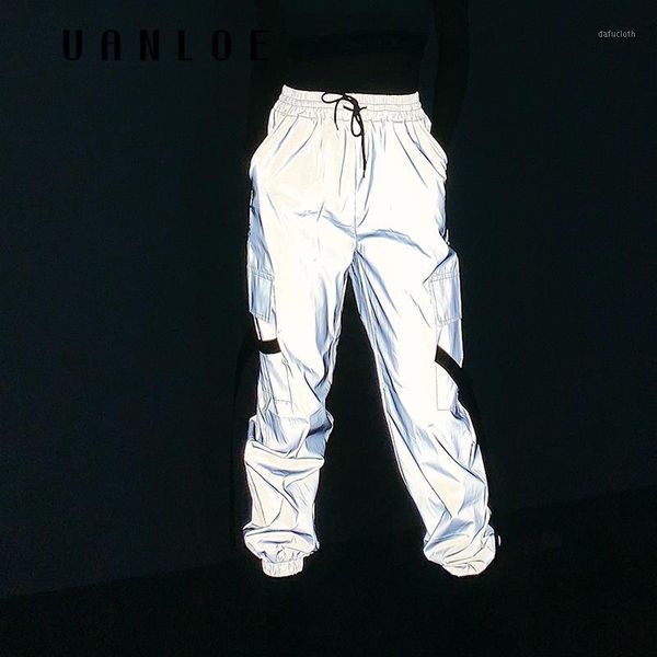 

high waist hip hop reflective pants streetwear night shine loose cargo pants women 2020 spring autumn pencil new1, Black;white