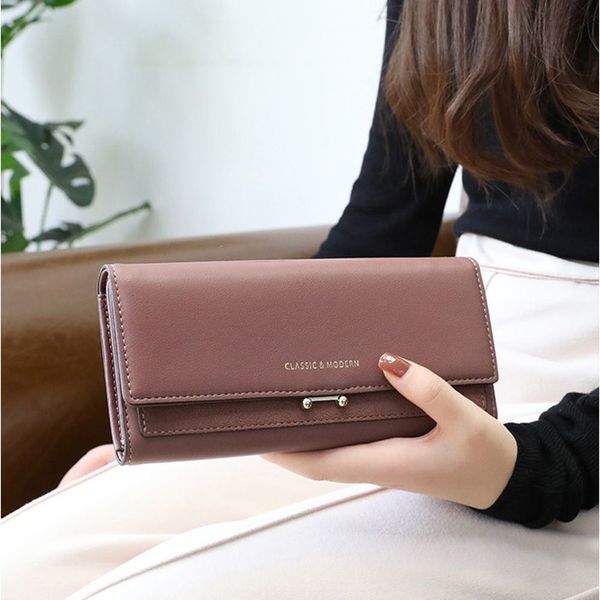 

1 pcs fashion female long clutch triple folding pu leather solid color purse large capacity card holder wallet, Red;black