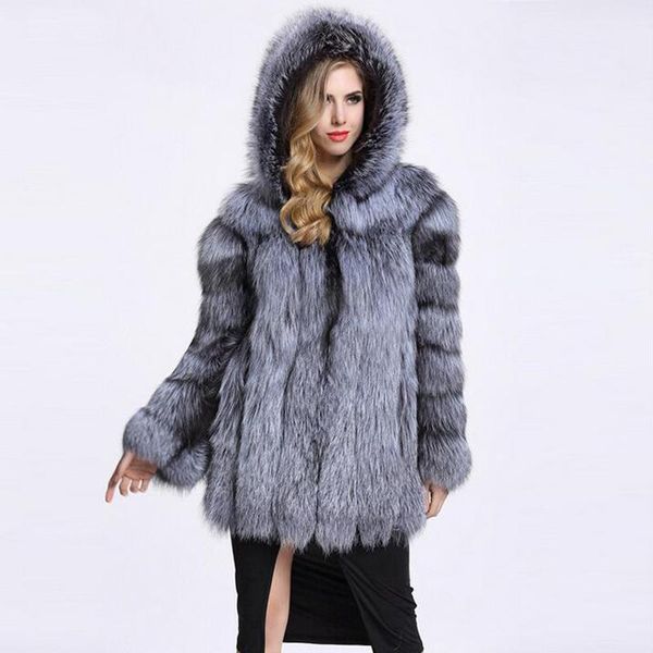 

2020 winter thicker faux fur one piece imitation fur coat mink coat splicing hood long sleeve for women, Black