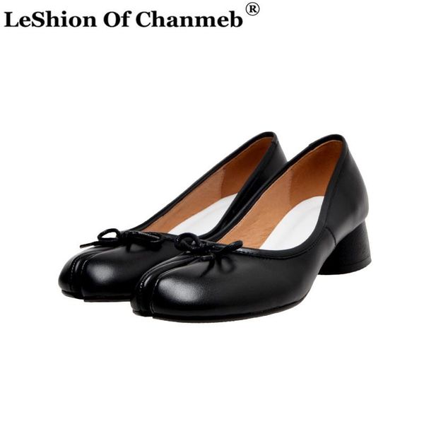 

designer women heels shoes zapatos mujers genuine leather block heel seperate toe women's ladies shallow shoes bow-tie pumps new, Black