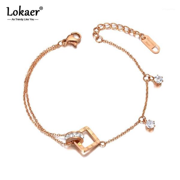 

lokaer titanium stainless steel circle square cz crystal charm bracelets for women trendy roman numerals chain bracelet b200701, Golden;silver