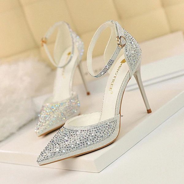 

2020 new crystal woman sandals pointed toe pearl thin high heels 10cm shoes female fashion hollow sandals shoes women pumps #gb8f, Black