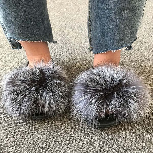 

plush slippers women raccoon fur fluffy slides house shoes ladies fashion real fox fur furry bedroom slippers outdoor vt1417 y201026, Black