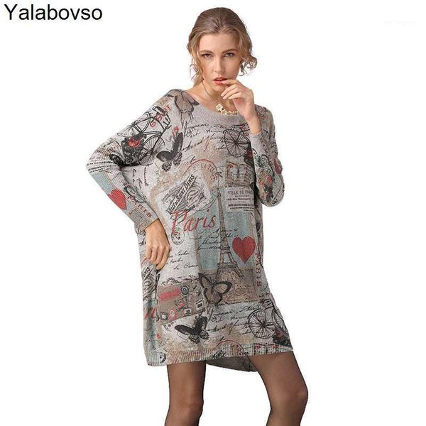 

2020 long sleeve loose printed bulding printing mid-length large size women's knitted o neck retro sweater for women harajuku1, White;black